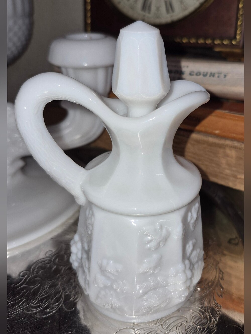 Vintage Westmoreland Paneled Grape Milk Glass Cruet with a matching stopper